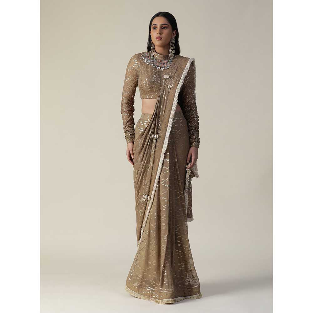 Arpita Sulakshana Brown Colour Pre-Draped Georgette Saree with Stitched Blouse