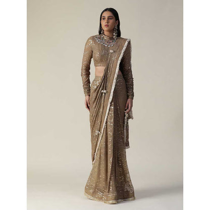 Arpita Sulakshana Brown Colour Pre-Draped Georgette Saree with Stitched Blouse