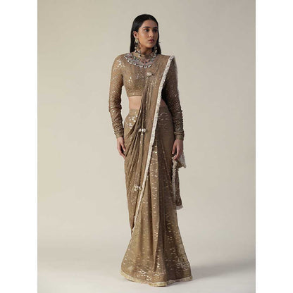 Arpita Sulakshana Brown Colour Pre-Draped Georgette Saree with Stitched Blouse
