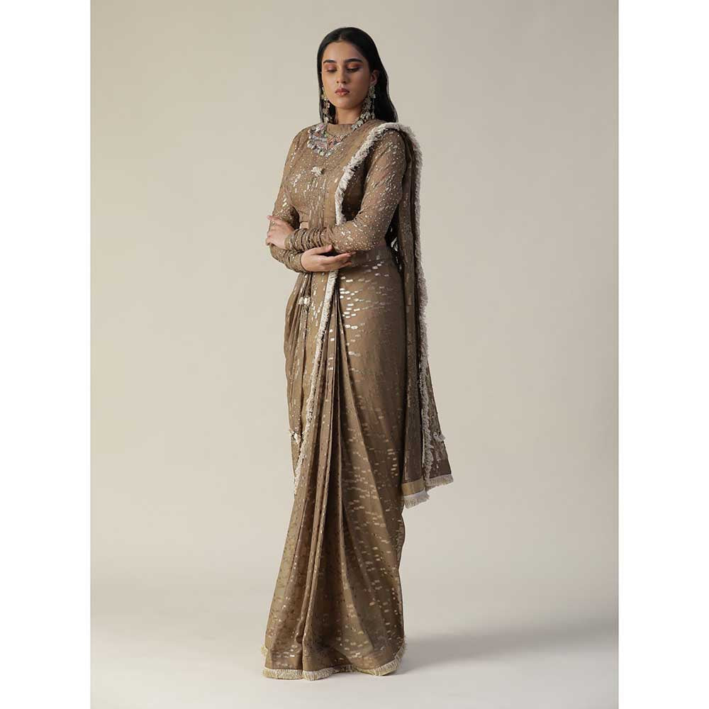 Arpita Sulakshana Brown Colour Pre-Draped Georgette Saree with Stitched Blouse