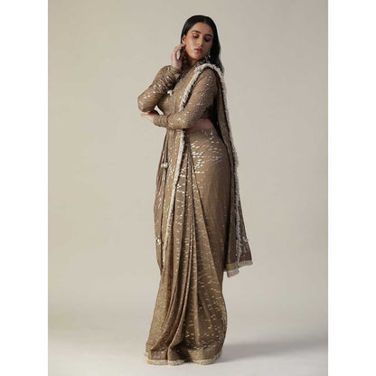 Arpita Sulakshana Brown Colour Pre-Draped Georgette Saree with Stitched Blouse