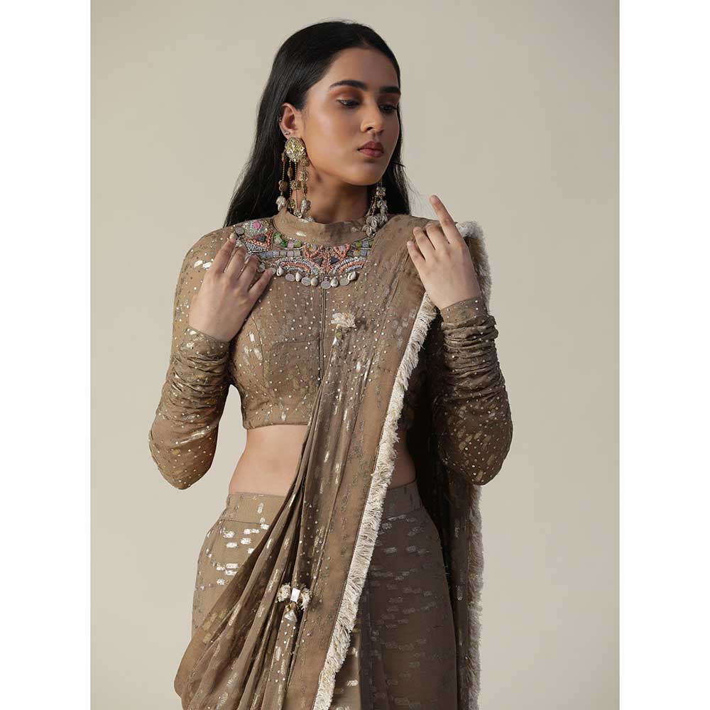 Arpita Sulakshana Brown Colour Pre-Draped Georgette Saree with Stitched Blouse