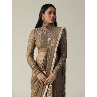 Arpita Sulakshana Brown Colour Pre-Draped Georgette Saree with Stitched Blouse