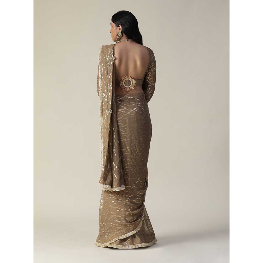 Arpita Sulakshana Brown Colour Pre-Draped Georgette Saree with Stitched Blouse