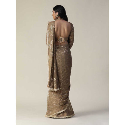 Arpita Sulakshana Brown Colour Pre-Draped Georgette Saree with Stitched Blouse