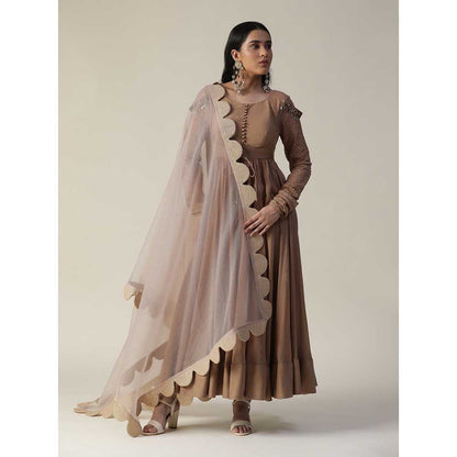 Arpita Sulakshana Cocoa Brown Embellished Chanderi Anarkali (Set of 3)