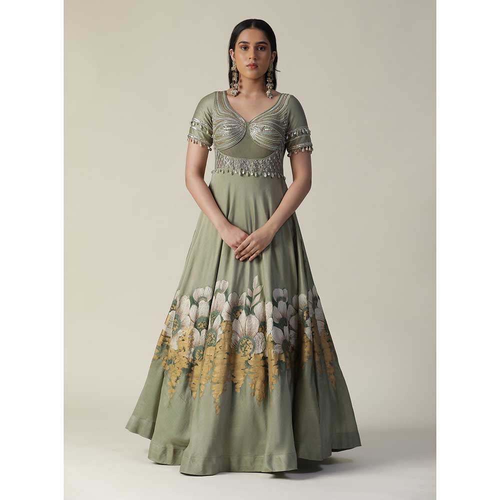 Arpita Sulakshana Pista Green Hand Painted Embellished Chanderi Gown With Dupatta (Set of 2)