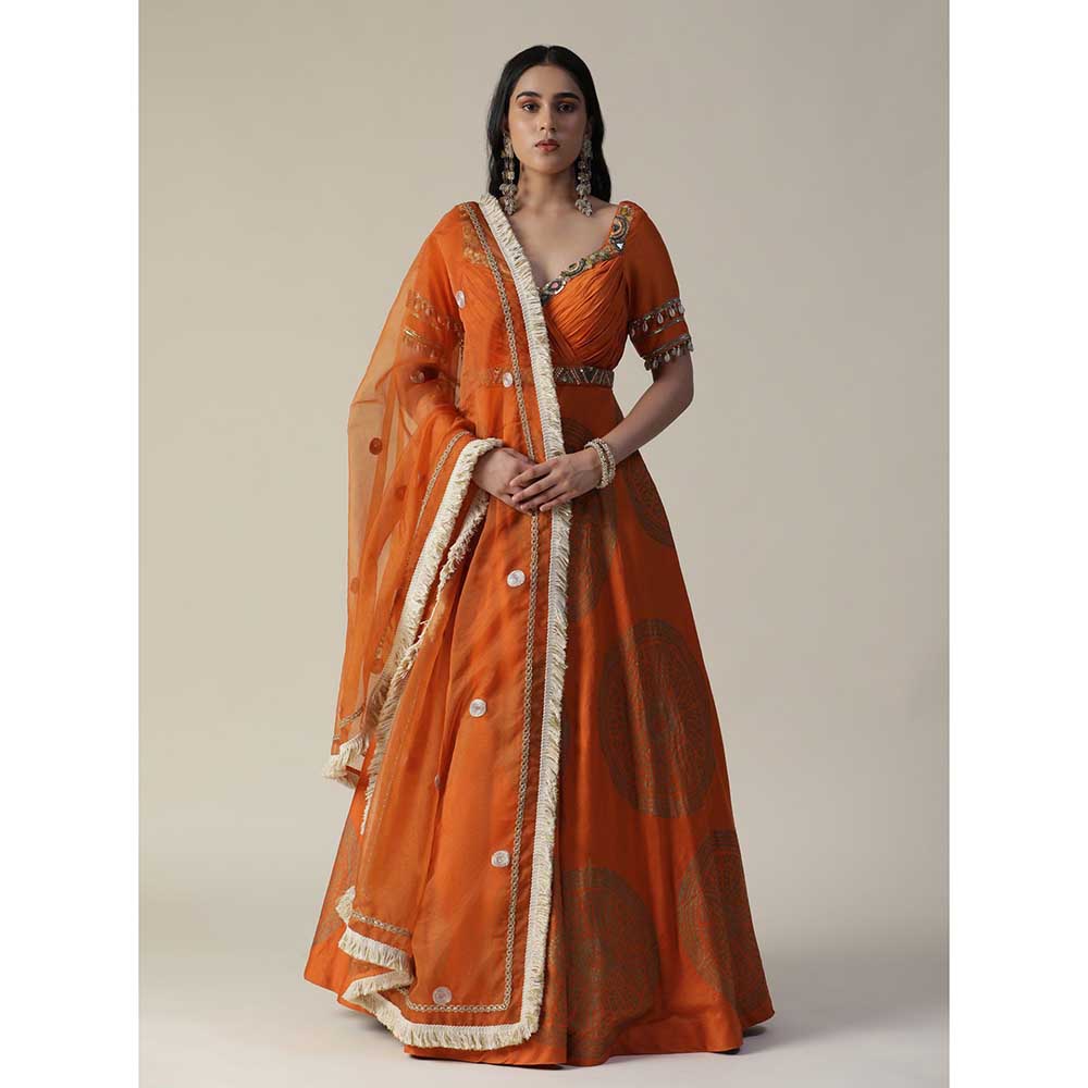 Arpita Sulakshana Burnt Orange Foil Printed Embroidered Chanderi Gown With Dupatta (Set of 2)