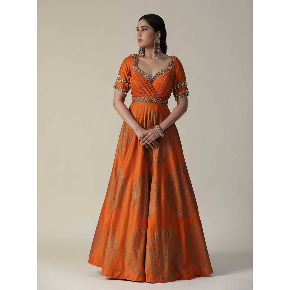 Arpita Sulakshana Burnt Orange Foil Printed Embroidered Chanderi Gown With Dupatta (Set of 2)