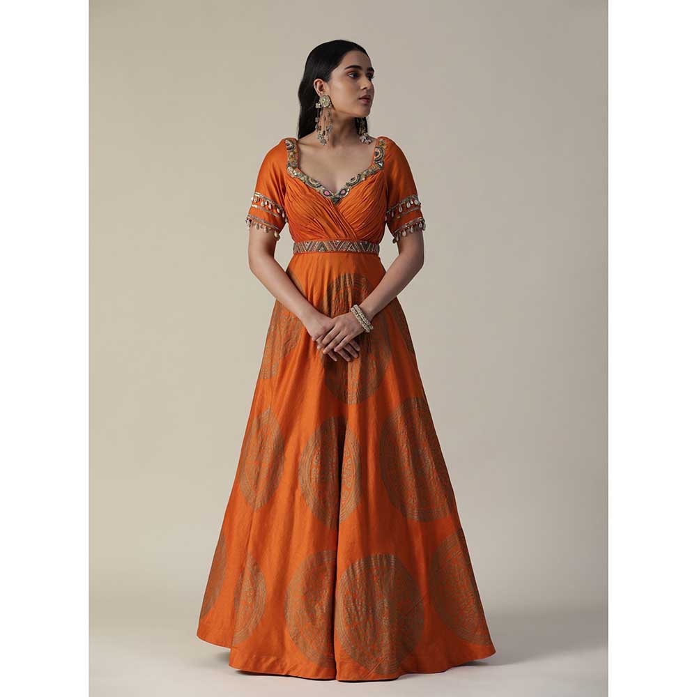 Arpita Sulakshana Burnt Orange Foil Printed Embroidered Chanderi Gown With Dupatta (Set of 2)