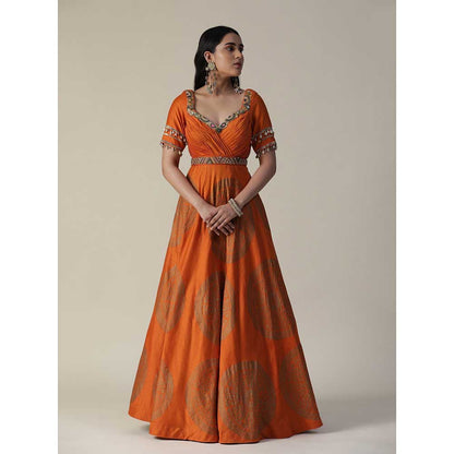 Arpita Sulakshana Burnt Orange Foil Printed Embroidered Chanderi Gown With Dupatta (Set of 2)