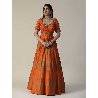 Arpita Sulakshana Burnt Orange Foil Printed Embroidered Chanderi Gown With Dupatta (Set of 2)