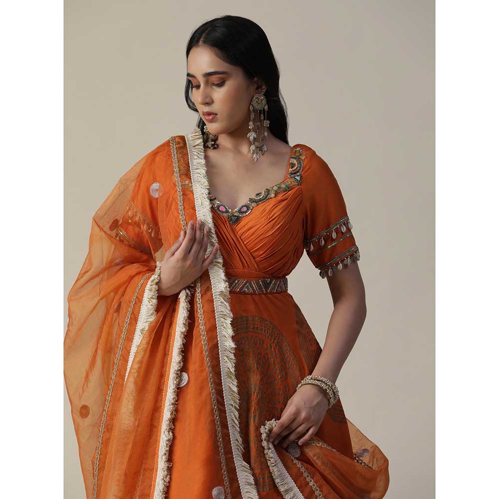 Arpita Sulakshana Burnt Orange Foil Printed Embroidered Chanderi Gown With Dupatta (Set of 2)