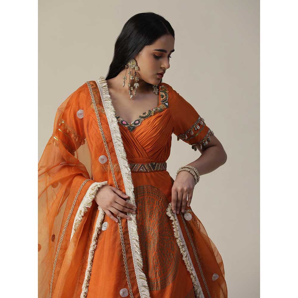 Arpita Sulakshana Burnt Orange Foil Printed Embroidered Chanderi Gown With Dupatta (Set of 2)