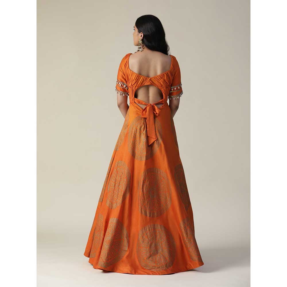 Arpita Sulakshana Burnt Orange Foil Printed Embroidered Chanderi Gown With Dupatta (Set of 2)