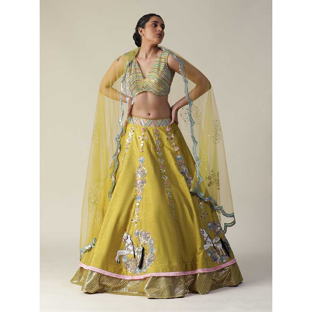 Arpita Sulakshana Pear Yellow Raw Silk Heavy Embroidered Lehenga (Set of 3)