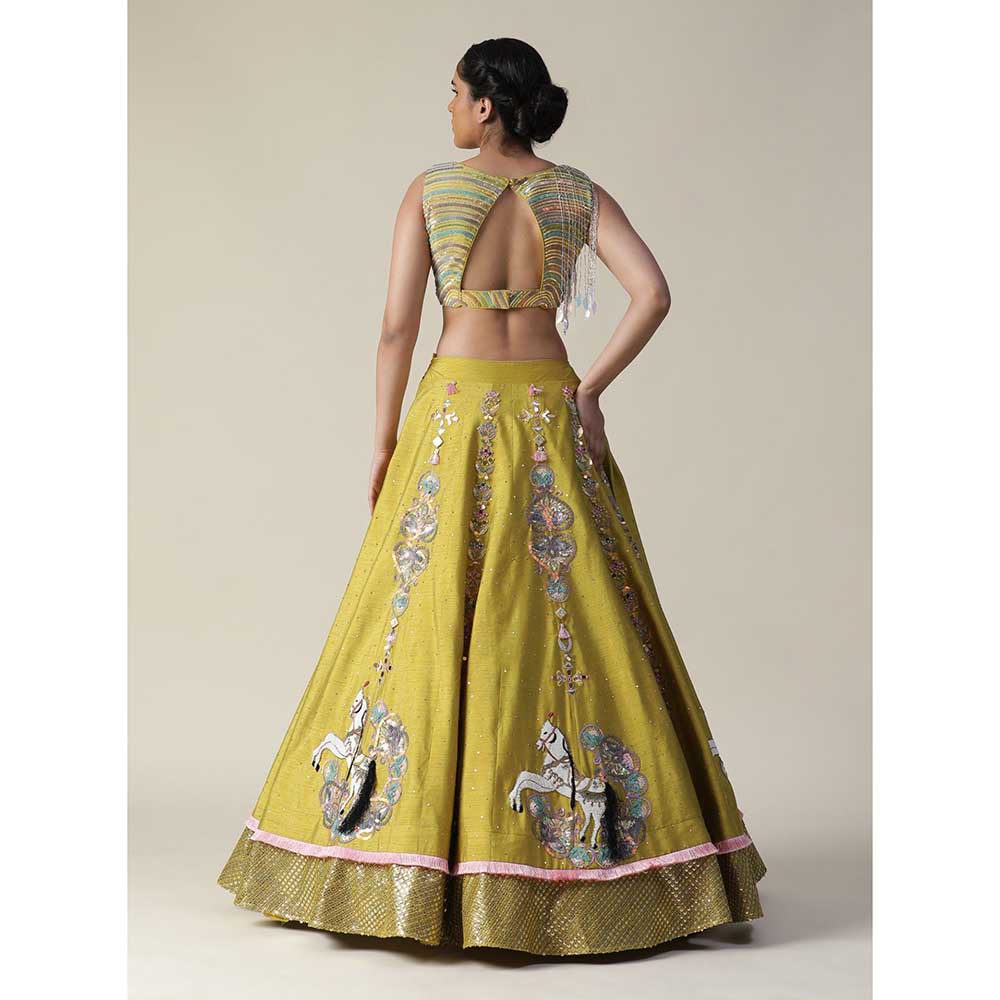 Arpita Sulakshana Pear Yellow Raw Silk Heavy Embroidered Lehenga (Set of 3)