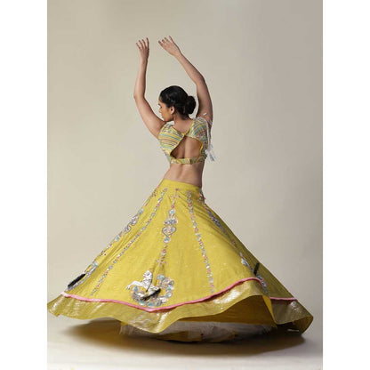 Arpita Sulakshana Pear Yellow Raw Silk Heavy Embroidered Lehenga (Set of 3)