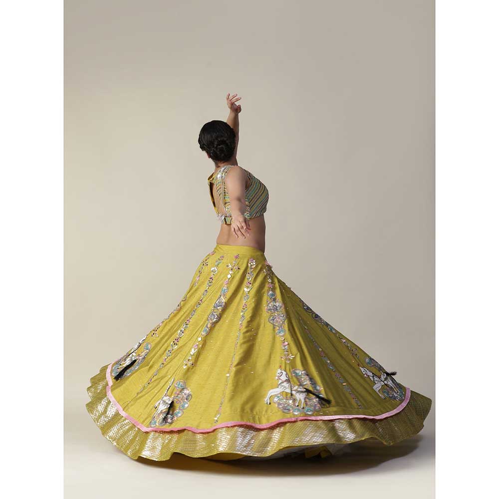 Arpita Sulakshana Pear Yellow Raw Silk Heavy Embroidered Lehenga (Set of 3)