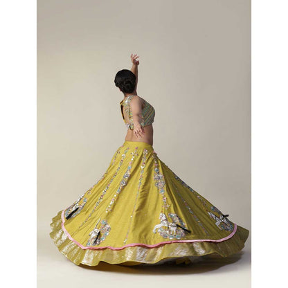 Arpita Sulakshana Pear Yellow Raw Silk Heavy Embroidered Lehenga (Set of 3)