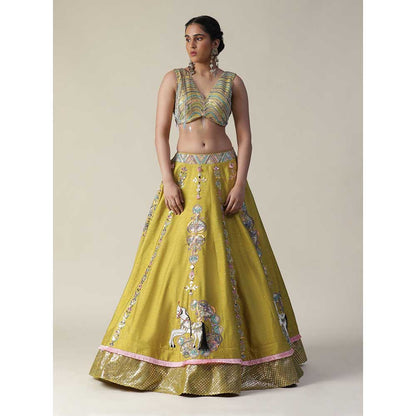 Arpita Sulakshana Pear Yellow Raw Silk Heavy Embroidered Lehenga (Set of 3)
