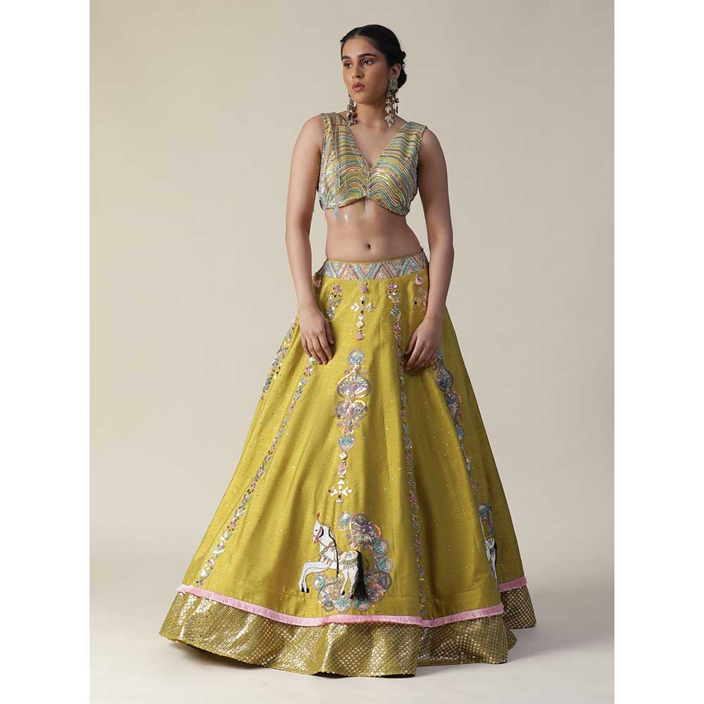Arpita Sulakshana Pear Yellow Raw Silk Heavy Embroidered Lehenga (Set of 3)