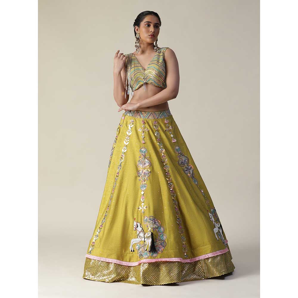 Arpita Sulakshana Pear Yellow Raw Silk Heavy Embroidered Lehenga (Set of 3)