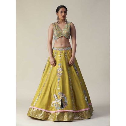 Arpita Sulakshana Pear Yellow Raw Silk Heavy Embroidered Lehenga (Set of 3)