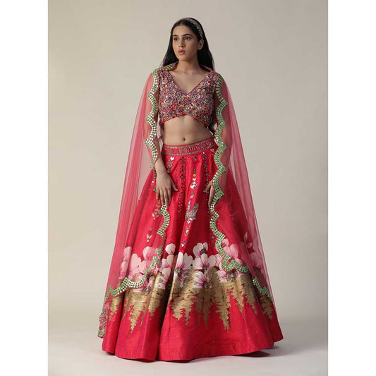 Arpita Sulakshana Hot Red Raw Silk Hand Painted Embellished Flower Lehenga (Set of 3)