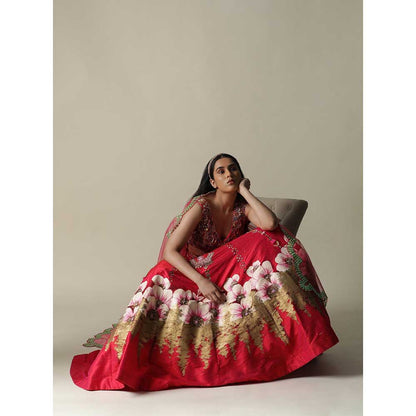Arpita Sulakshana Hot Red Raw Silk Hand Painted Embellished Flower Lehenga (Set of 3)