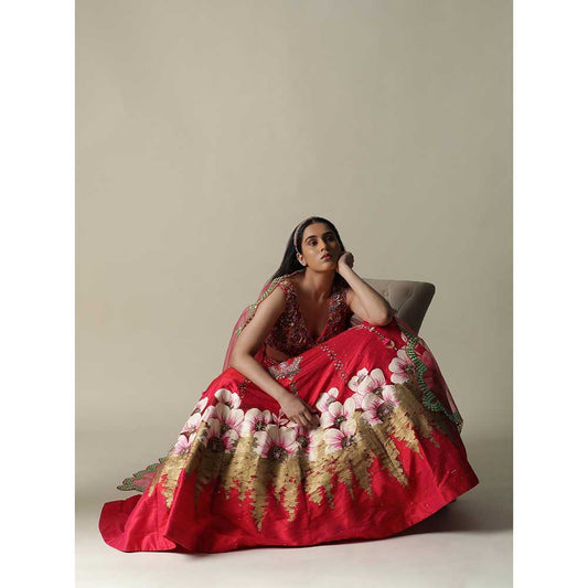 Arpita Sulakshana Hot Red Raw Silk Hand Painted Embellished Flower Lehenga (Set of 3)