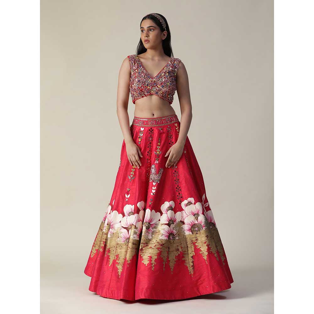 Arpita Sulakshana Hot Red Raw Silk Hand Painted Embellished Flower Lehenga (Set of 3)