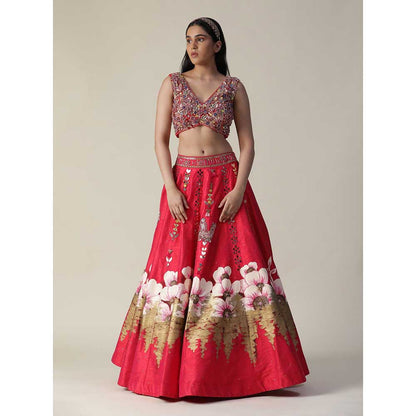 Arpita Sulakshana Hot Red Raw Silk Hand Painted Embellished Flower Lehenga (Set of 3)