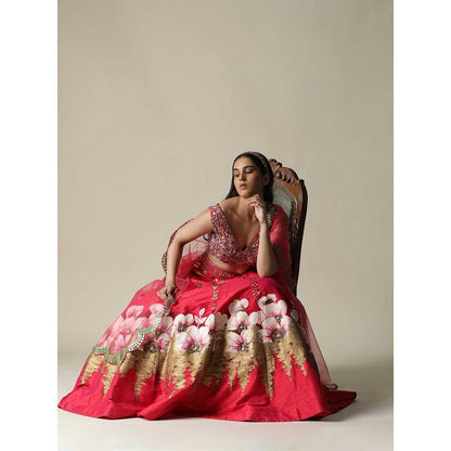 Arpita Sulakshana Hot Red Raw Silk Hand Painted Embellished Flower Lehenga (Set of 3)