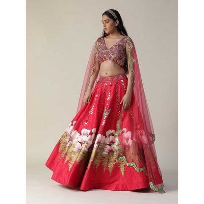 Arpita Sulakshana Hot Red Raw Silk Hand Painted Embellished Flower Lehenga (Set of 3)