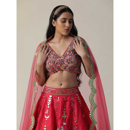 Arpita Sulakshana Hot Red Raw Silk Hand Painted Embellished Flower Lehenga (Set of 3)