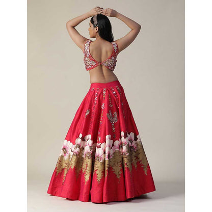 Arpita Sulakshana Hot Red Raw Silk Hand Painted Embellished Flower Lehenga (Set of 3)