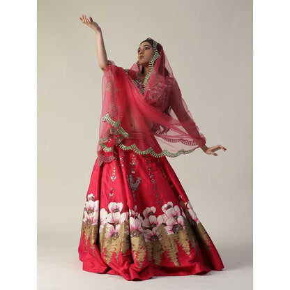 Arpita Sulakshana Hot Red Raw Silk Hand Painted Embellished Flower Lehenga (Set of 3)