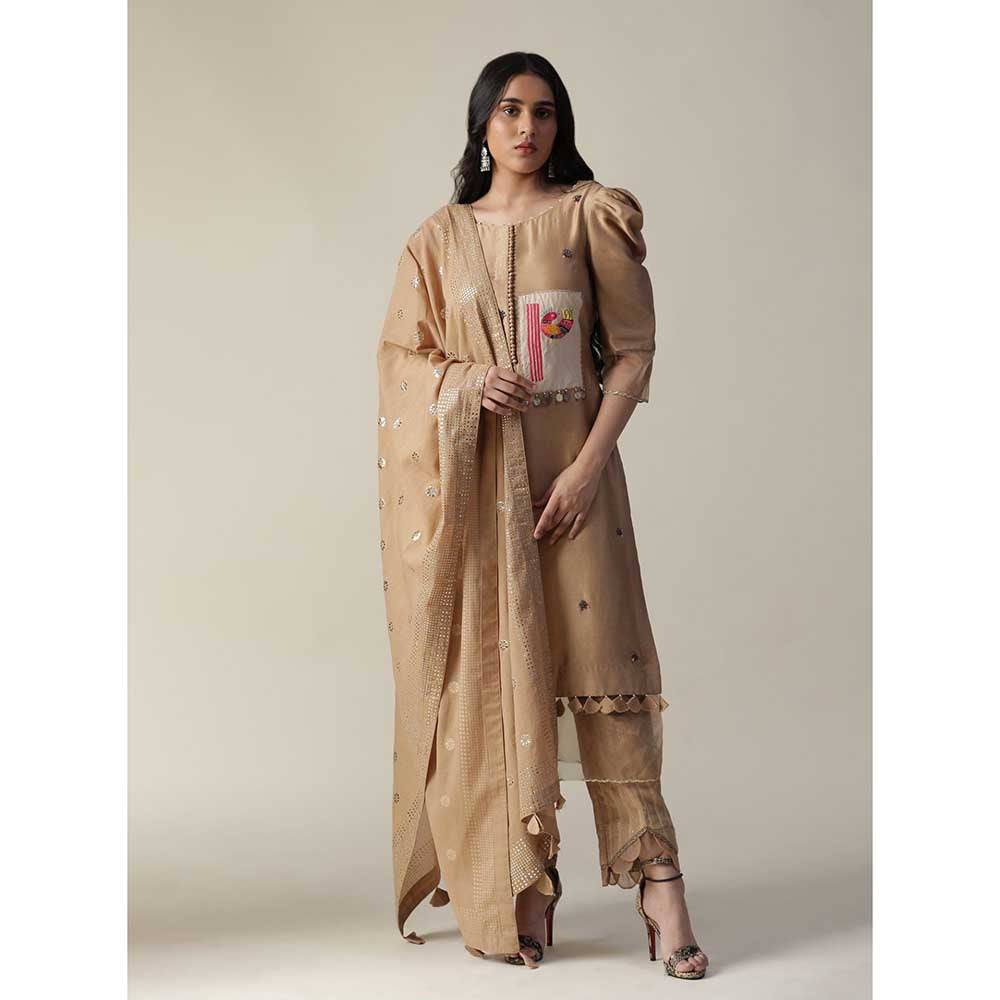 Arpita Sulakshana Chanderi Hand Painted Embroidered Brown Kurta (Set of 3)