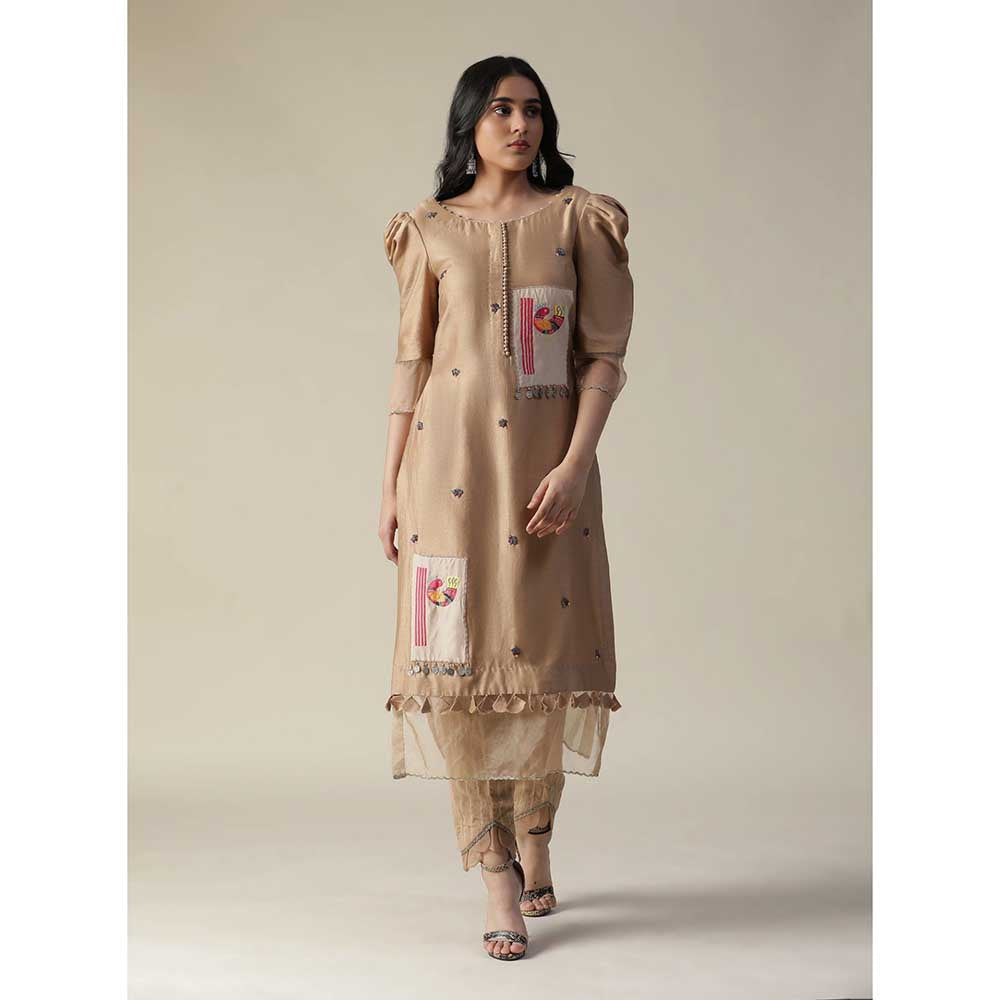 Arpita Sulakshana Chanderi Hand Painted Embroidered Brown Kurta (Set of 3)