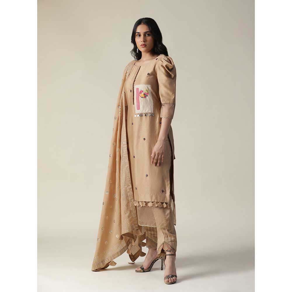 Arpita Sulakshana Chanderi Hand Painted Embroidered Brown Kurta (Set of 3)