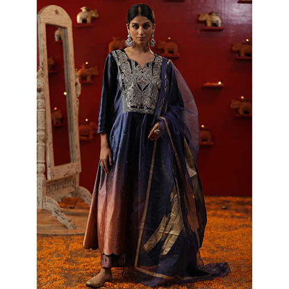 Arpita Sulakshana Blue Ombre Velvet Anarkali with Pant and Dupatta (Set of 3)