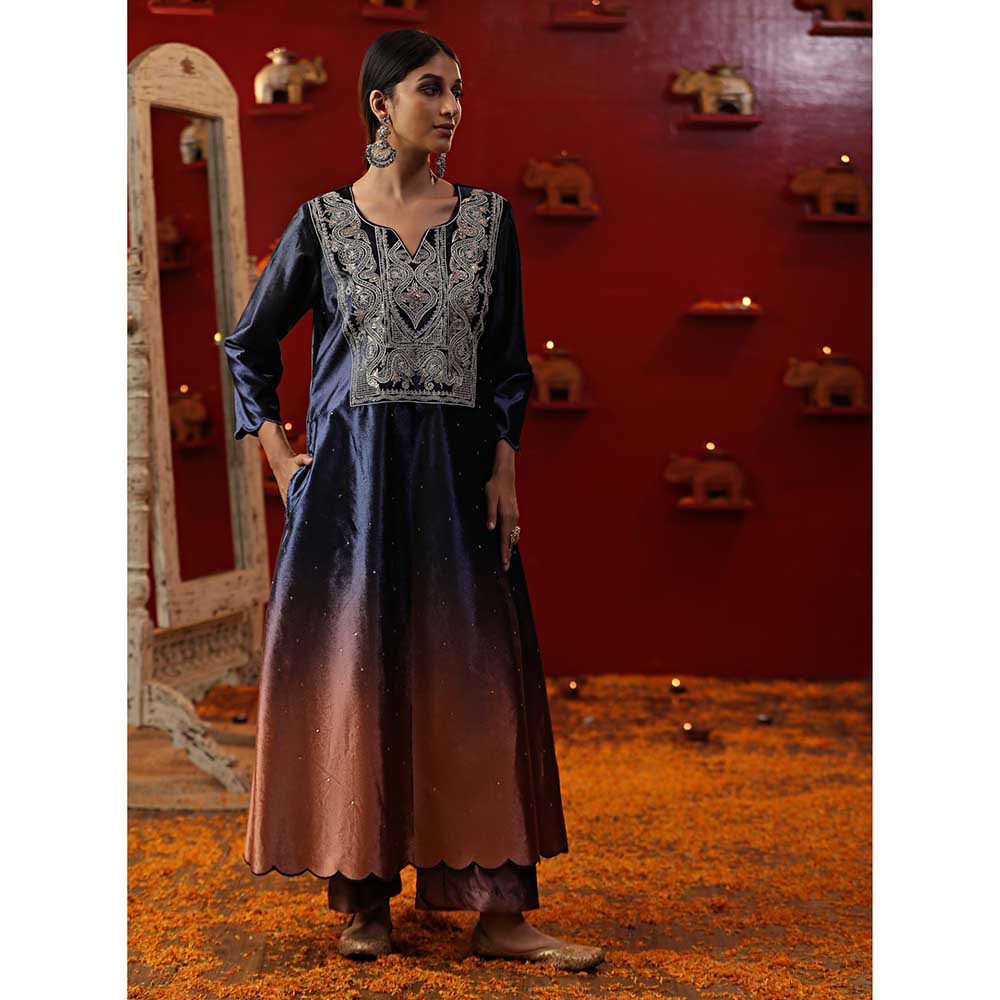 Arpita Sulakshana Blue Ombre Velvet Anarkali with Pant and Dupatta (Set of 3)