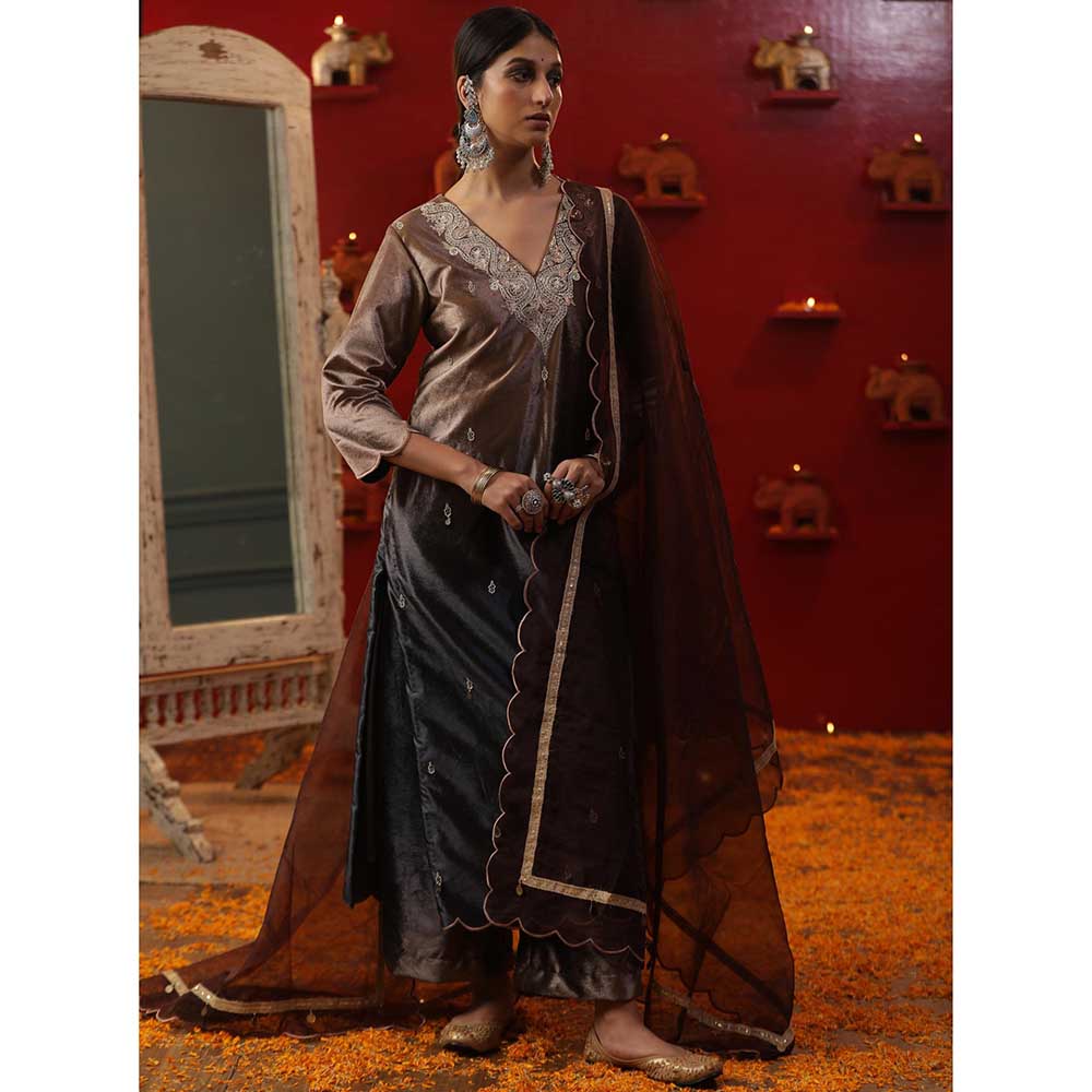 Arpita Sulakshana Brown Ombre Velvet Kurta with Palazzo and Dupatta (Set of 3)