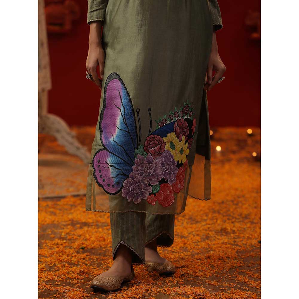 Arpita Sulakshana Pista Green Handpainted Kurta with Pant and Dupatta (Set of 3)