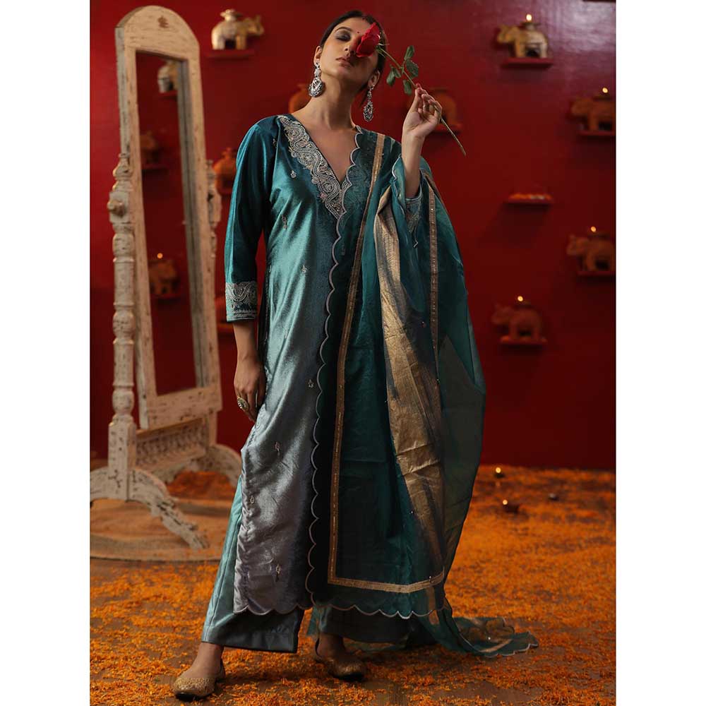 Arpita Sulakshana Firozi Ombre Velvet Kurta with Pant and Dupatta (Set of 3)