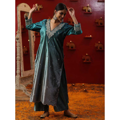 Arpita Sulakshana Firozi Ombre Velvet Kurta with Pant and Dupatta (Set of 3)