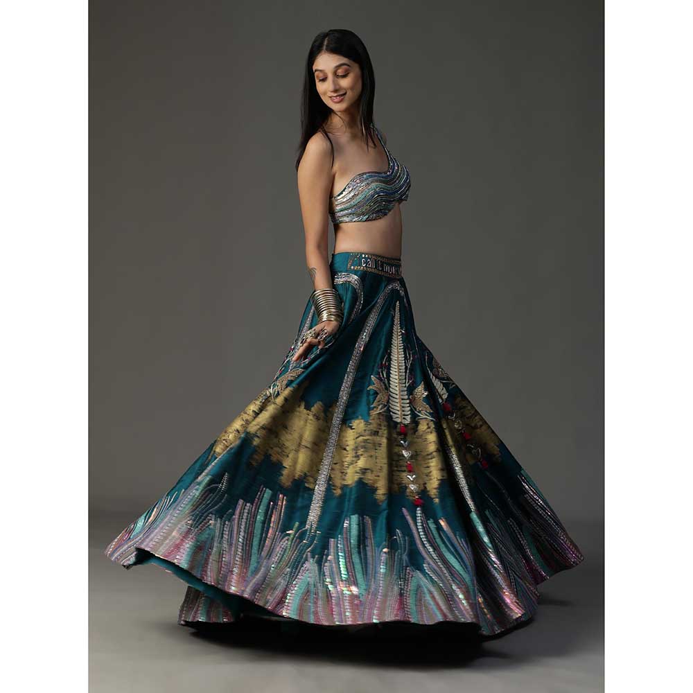 Arpita Sulakshana Teal Blue Handpainted Lehenga with Blouse and Cape (Set of 3)