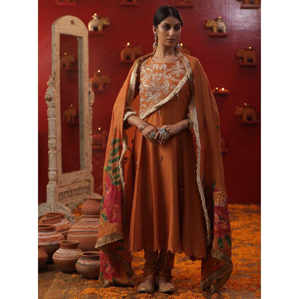 Arpita Sulakshana Burnt Orange Handpainted Kurta with Pant and Dupatta (Set of 3)