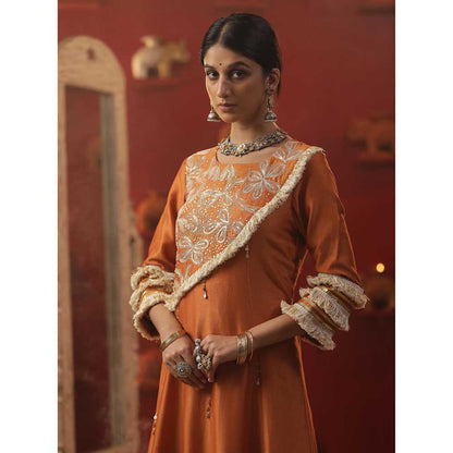 Arpita Sulakshana Burnt Orange Handpainted Kurta with Pant and Dupatta (Set of 3)